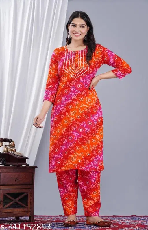 Rayon Printed Kurta with Pant for Women, Orange & Pink (XL)