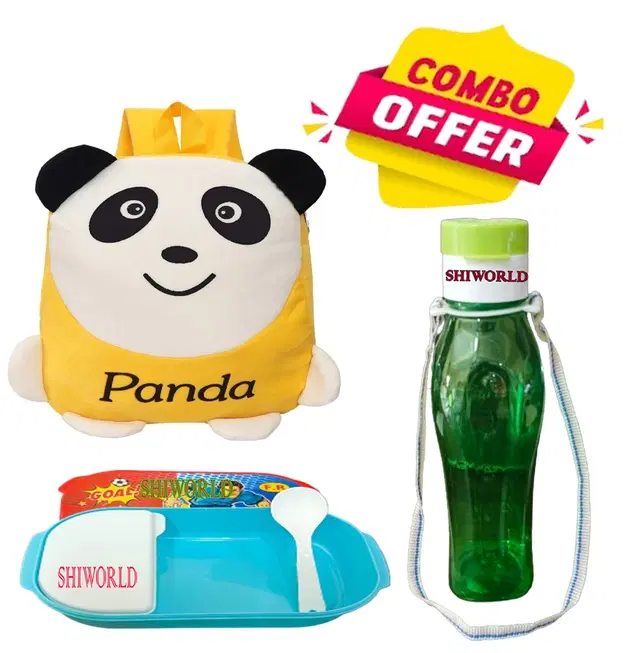 Combo of Fabric School Bag, Water Bottle with Lunch Box for Kids, Multicolor, Set of 3
