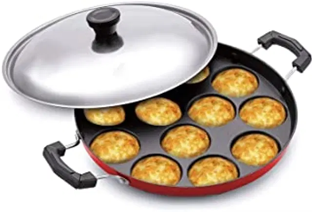 ZODEX 12 Cavities Non Stick Appam Patra with Lid and Side Handle, Multicolor, 21 cm