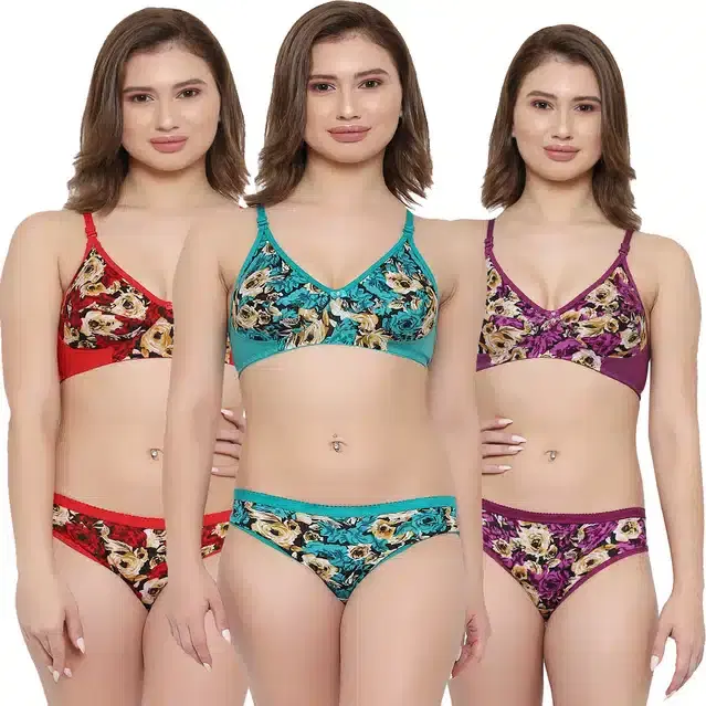 Cotton Blend Lingerie Set for Women, Set of 3 (Multicolor, 32)