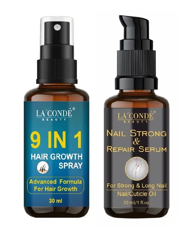 Combo of La'Conde Beauty 9 in 1 Hair Growth Spray & Nail Strong and Repair Serum, 30 ml, Set of 2