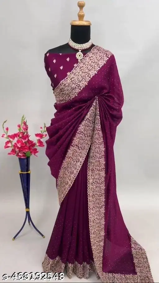 Chiffon Solid Saree For Women, Purple