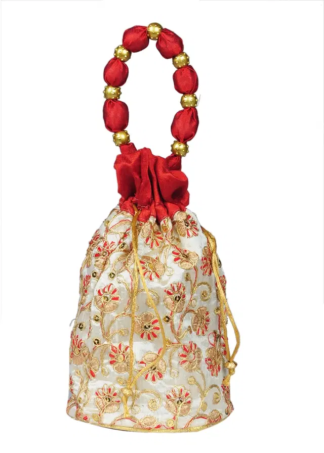 Silk Floral Ethnic Rajasthani Traditional Work Potli with Handle for Return Gifts, Maroon