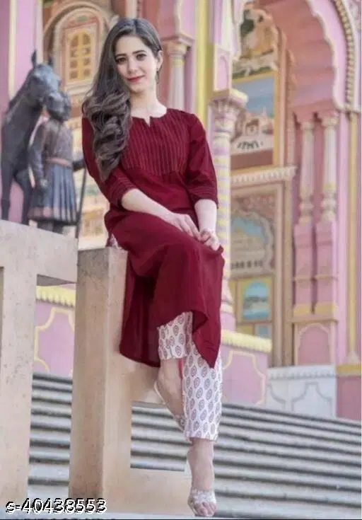 Rayon Printed Kurta with Pant for Women, Maroon & White (XS)