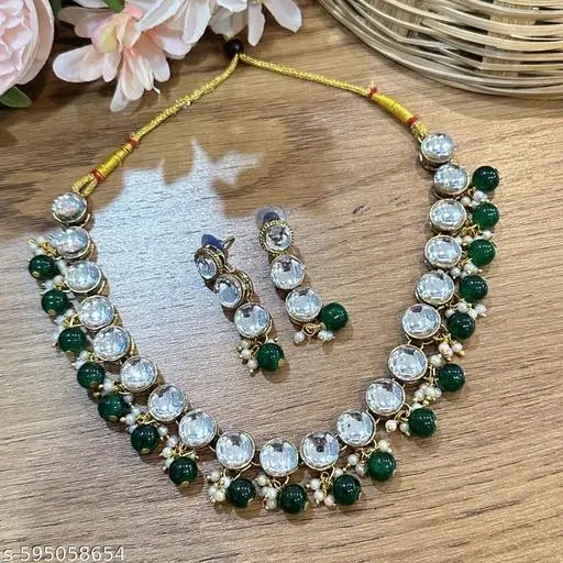Kundan Pearl Beaded Jewellery Set for Women, Green