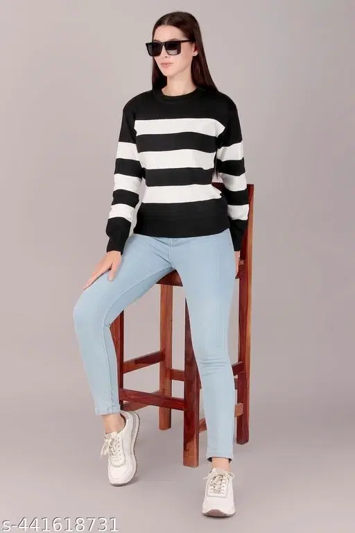 Acrylic Sweater for Women (Black & White, L)