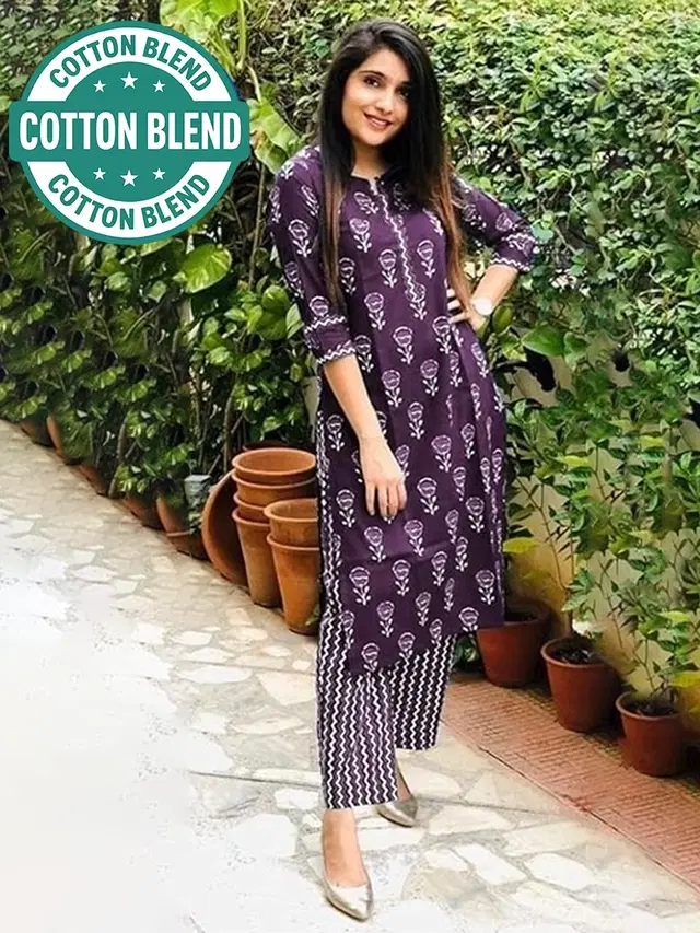 Cotton Block Print Women's Kurta with Pant Set, Purple (XXL)
