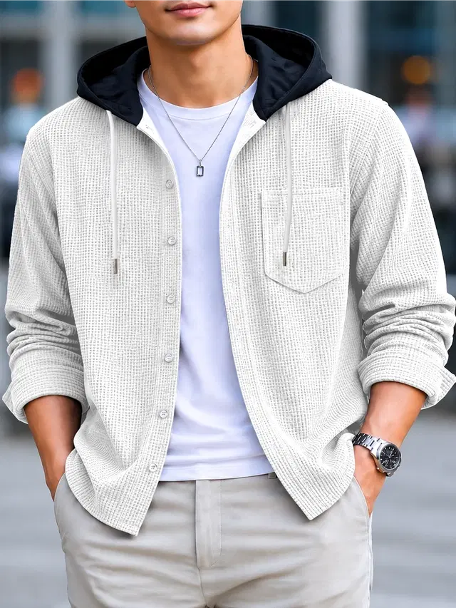 Solid Hooded Shirt for Men (White, S)