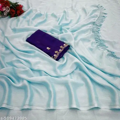 Chiffon Solid Saree for Women, Blue (6.3 M)