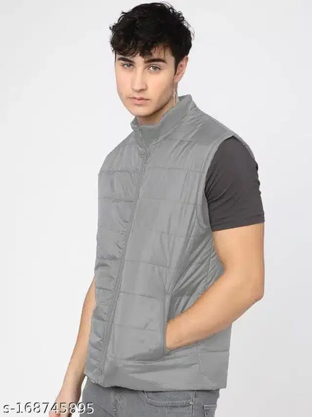 Polyester Sleeveless Solid Jacket for Men (Grey, L)