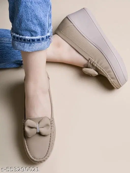 Shoetopia Solid Loafers for Women (Beige, IND-3)
