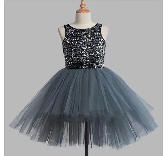 Velvet Net Solid Frock for Girls (Black & Dark Grey, 9-12 Months)