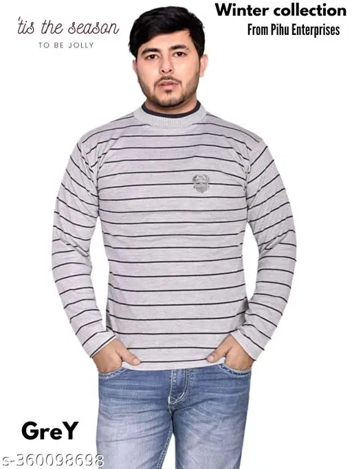 Woolen Striped Sweater for Men (Grey, L)