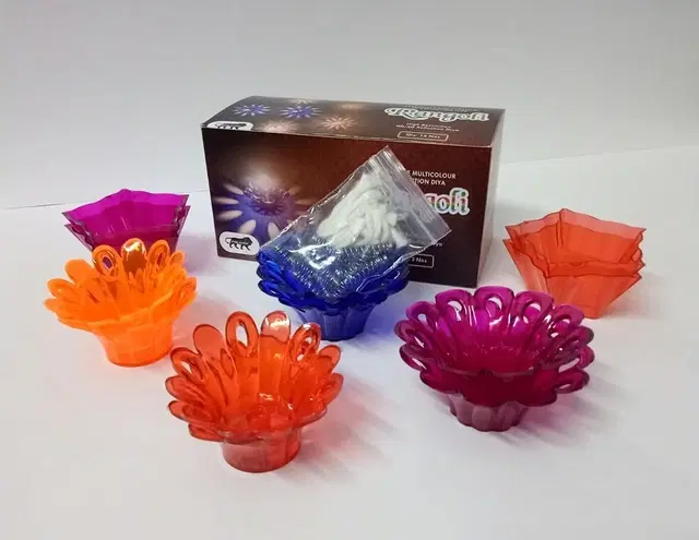 Plastic 3D Shadow Reflection Floating Diwali Diyas, Multicolor, Pack of 12