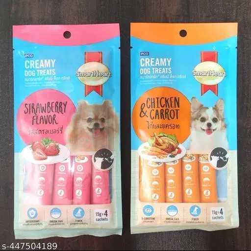 Smart Heart Creamy Dog Treats Chicken and Carrot for Puppy and Dog 60gm + SmartHeart Creamy Dog Treats Strawberry Flavor for Puppy and Dog 60gm (pack of 2)