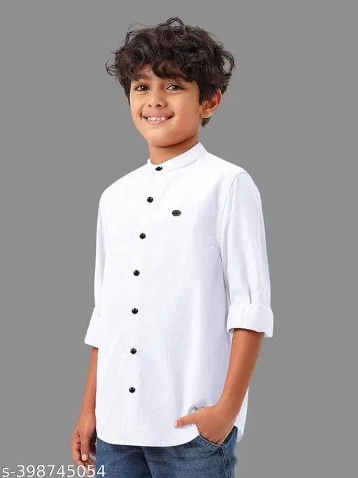 Solid Cotton Blend Mandarin Collar Long Sleeve Shirt for Boys (White, 4-5 Years)