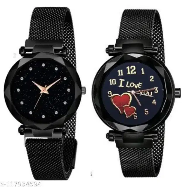 Analog Watch for Women, Set of 2 (Black)
