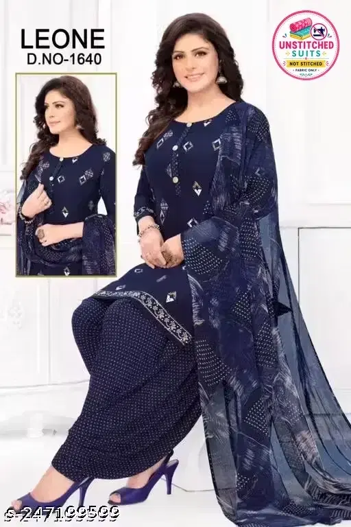 Printed Crepe Unstitched Suit Fabric for Women, Navy Blue (Free size)