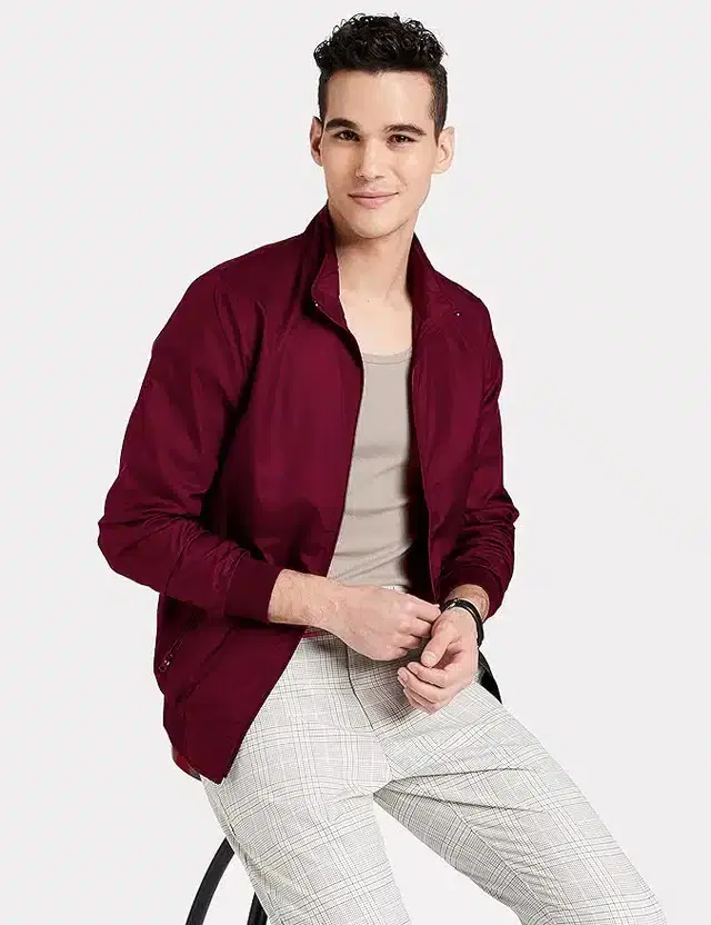 Polyester Solid Bomber Jacket for Men (Maroon, L)
