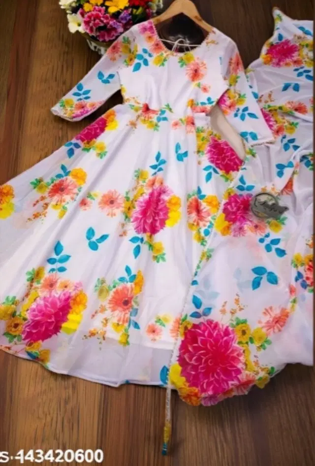 Georgette Printed Gown with Dupatta for Girls (Multicolor, L)