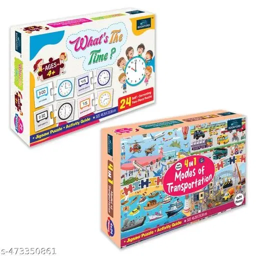 Bookford Exciting Puzzle Combo Set of 2 Jigsaw Puzzle - What's the time ? & 4 in 1 Modes of Transportation