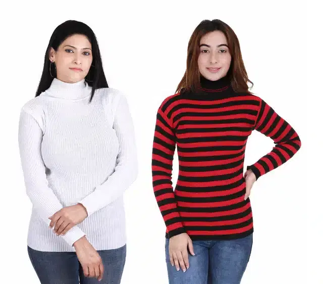 Full Sleeves Solid Sweater for Women, Pack of 2 (White & Maroon, S)
