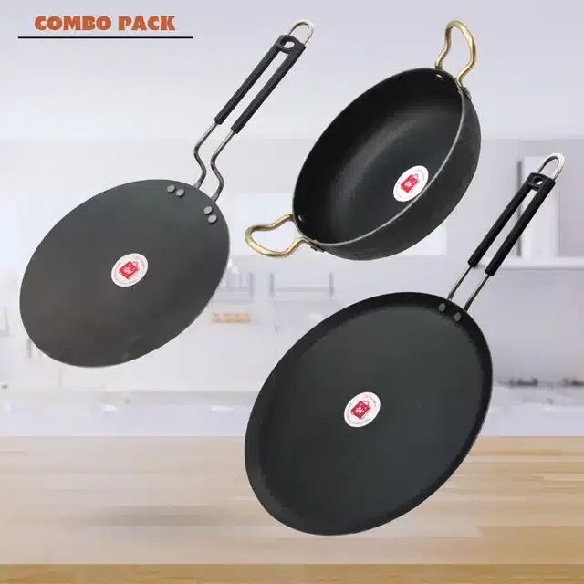 Frying Pan & Tawa Set, Pack of 3, Black, 1200 ml
