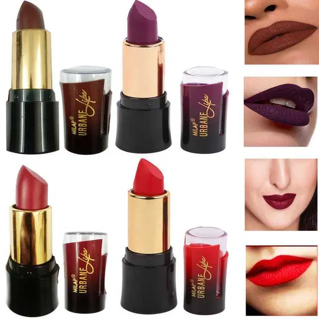 Combo of 1 Milap Urbane Lips Violet Lipstick & 1 Milap Urbane Lips Maroon Lipstick & 1 Milap Urbane Lips Brown Lipstick & 1 Milap Urbane Lips Red Lipstick, R435