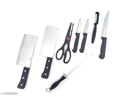 Stainless Steel 2 Pcs Meat & 3 Pcs Vegetables Knife, Peeler, Scissor & Knife Sharpener, Black & Silver, Set of 8