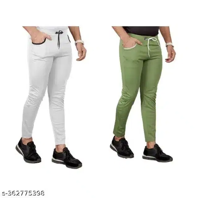 Lycra Track Pants for Men, Pack of 2 (Grey & Green, 32)