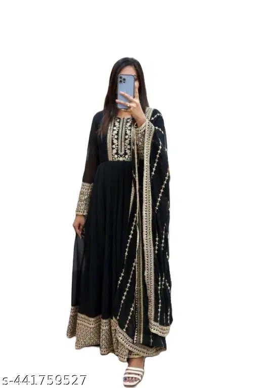 Heavy Fox Georgette With Siquence Coding Embroidery Work With Heavy Embroidery Dupatta Set for Women (Black, S)