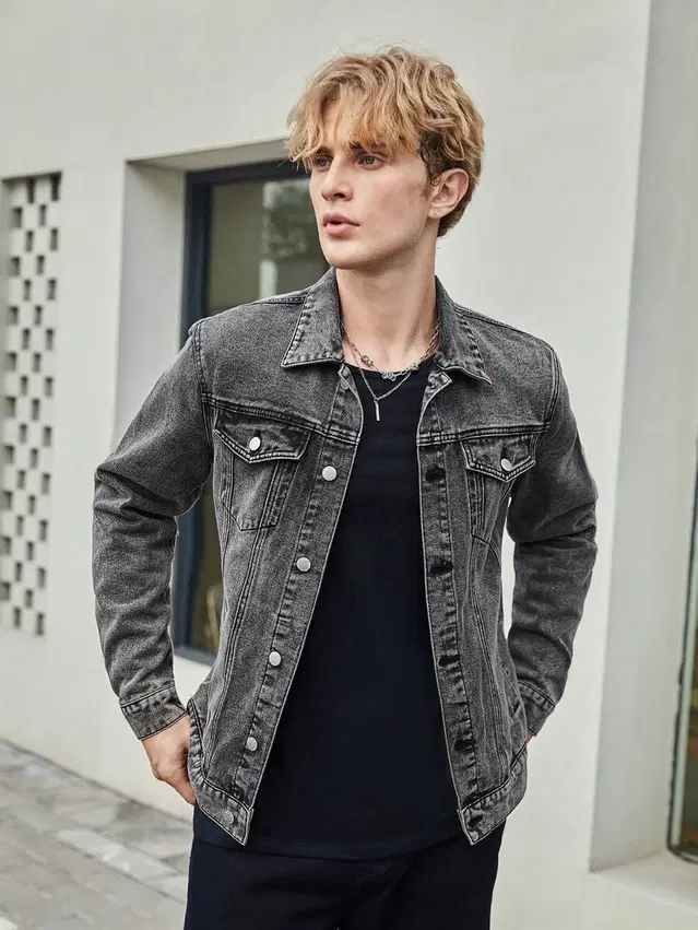 Denim Solid Jacket for Men (Grey, M)