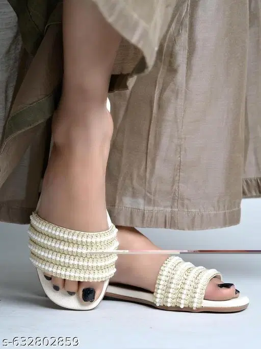 Embellished Flat Sandals for Women (Cream, IND-4)