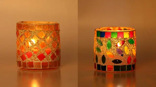 Glass Decorative Tea Light Holders, Multicolor, Pack of 2