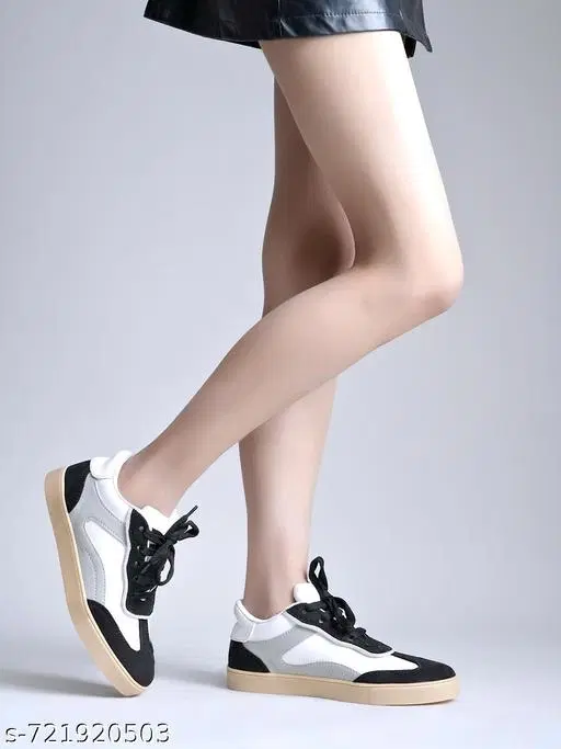 Solid Synthetic Slip-on Mid-Top Sneakers for Women (Black, IND-4)