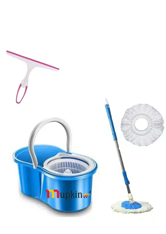 PVC Magic Spin Bucket Mop with 2 Refills & Cleaning Wiper Set, Blue, Set of 2