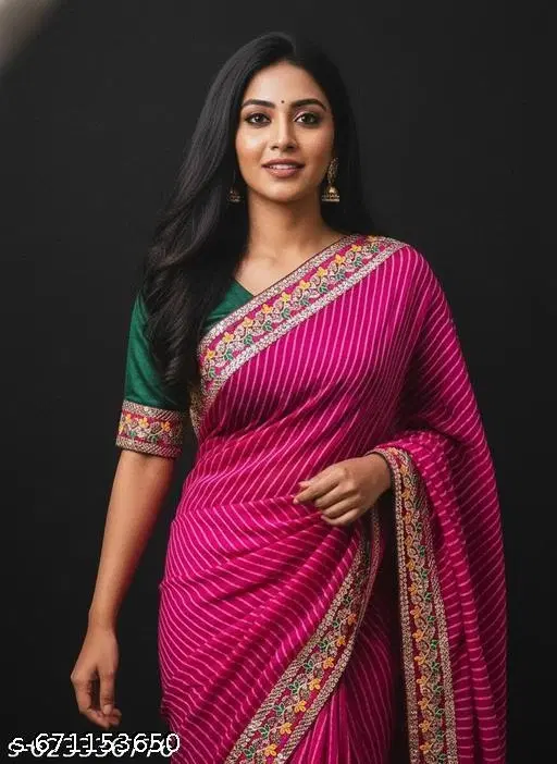 Poly Georgette Embellished Saree For Women, Pink