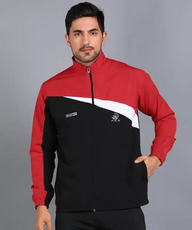 Full Sleeves Solid Sports Jacket for Men (Red & Black, S)