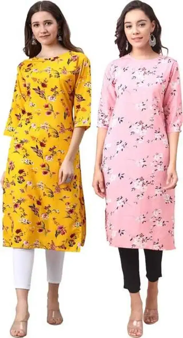 Women Crepe Printed Kurta, Pack Of 2 (Yellow & Pink, XXL) (SD-409)