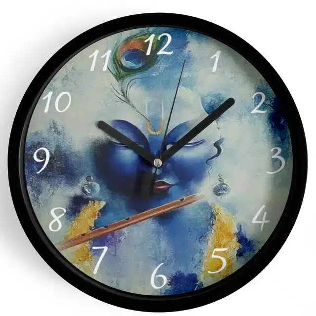 Analog Lord Krishna Wall Clock for Home, Black, 7 Inches