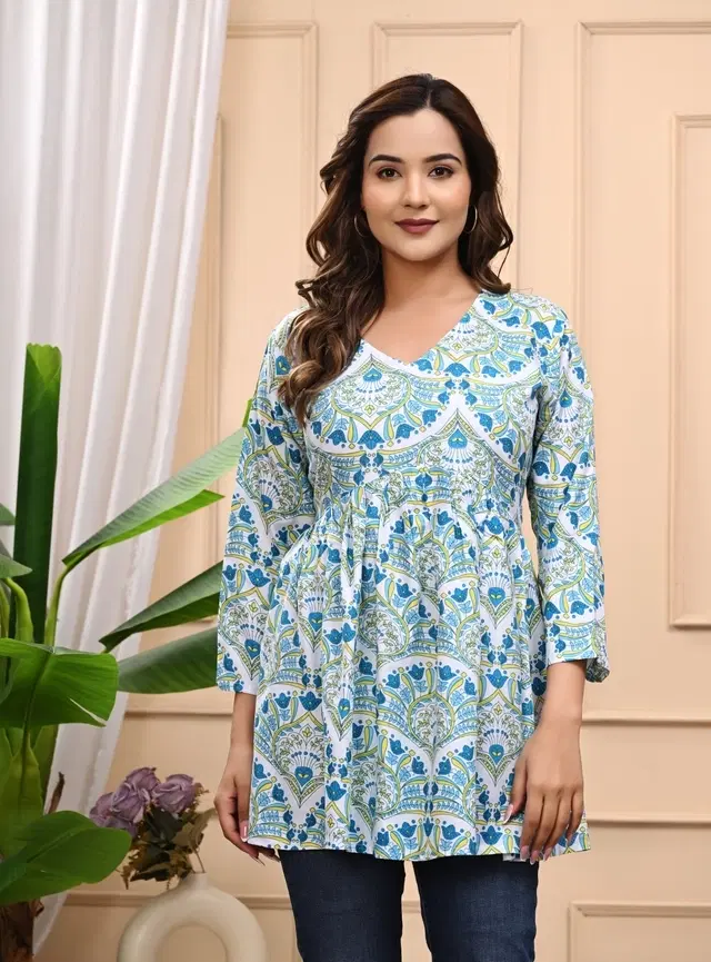 Rayon Printed Short Kurti for Women, Blue (XL)