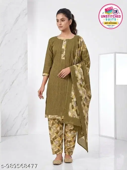 SIMPLYETHNIC Olive Cotton Blend Printed Salwar Suit Set for Women (Green, L)