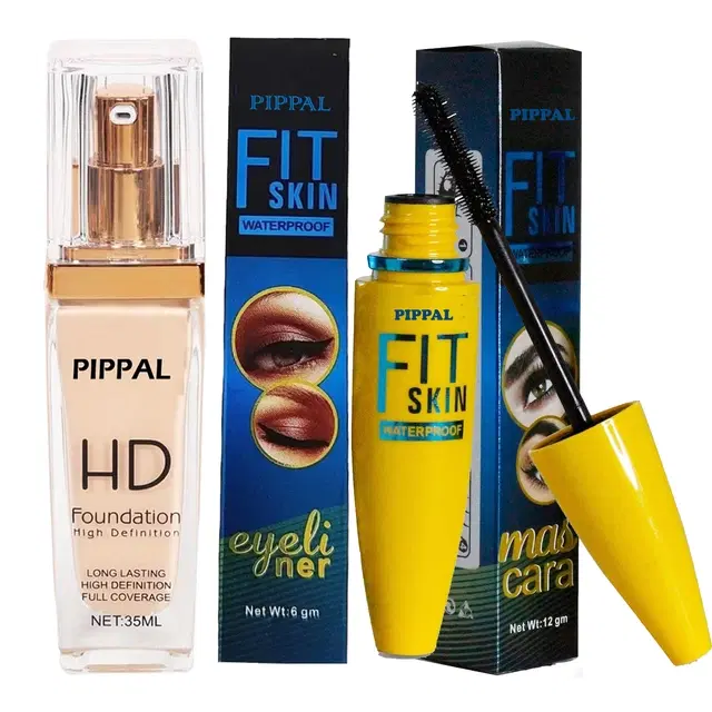 Pippal HD Foundation, 35 ml with Mascara, 12 ml & Eyeliner, 6 ml, Set of 3