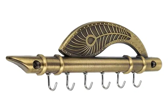 Premium Krishna'S Flute & Peacock Quills Key Stand Key Holder for Home & Office, Genuine| Antique Brass Key Holder