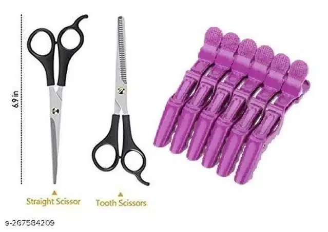2 Pcs Hair Cutting Scissors with 6 Pcs Crocodile Clip for Saloon, Black & Purple, Set of 8