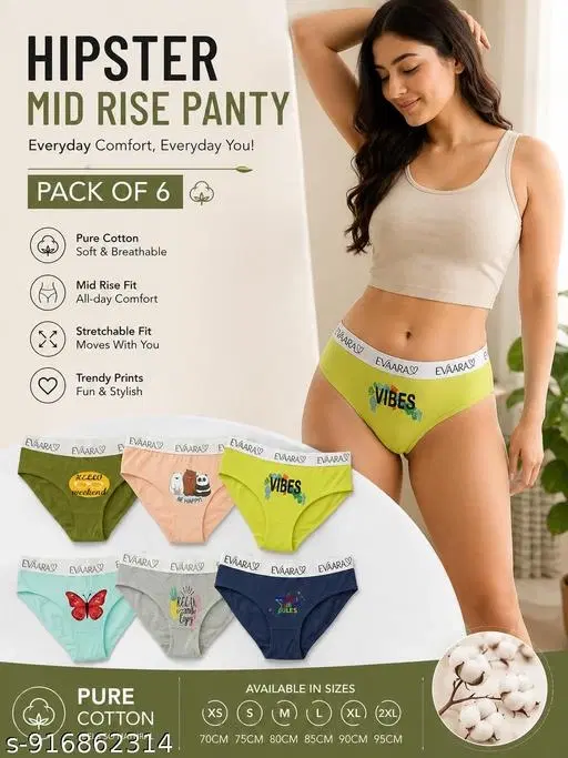 Pack of 6 Evaara Hipster Briefs for Women (Olive, XS)