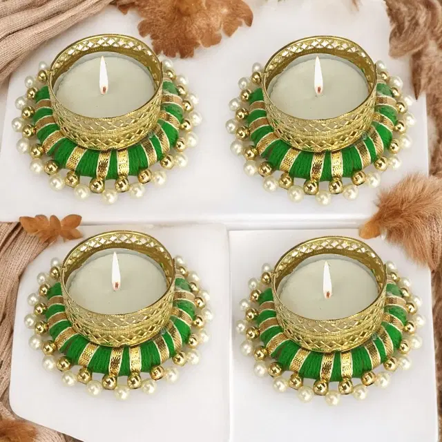 Metal Designer Tealight Candle Holder, Green, 7.8x7.8x3 cm, Pack of 4