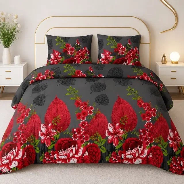 SimpleHome Floral Double Bedsheet Grey/Red 82x88inch
