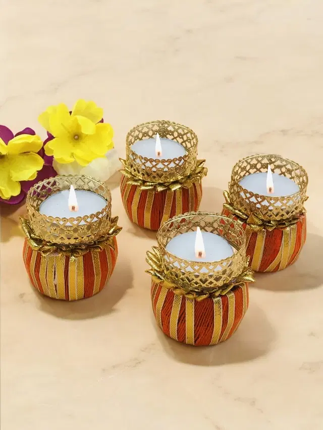 Metal Designer Tealight Candle Holder, Orange, 4x4x5.5 cm, Pack of 4