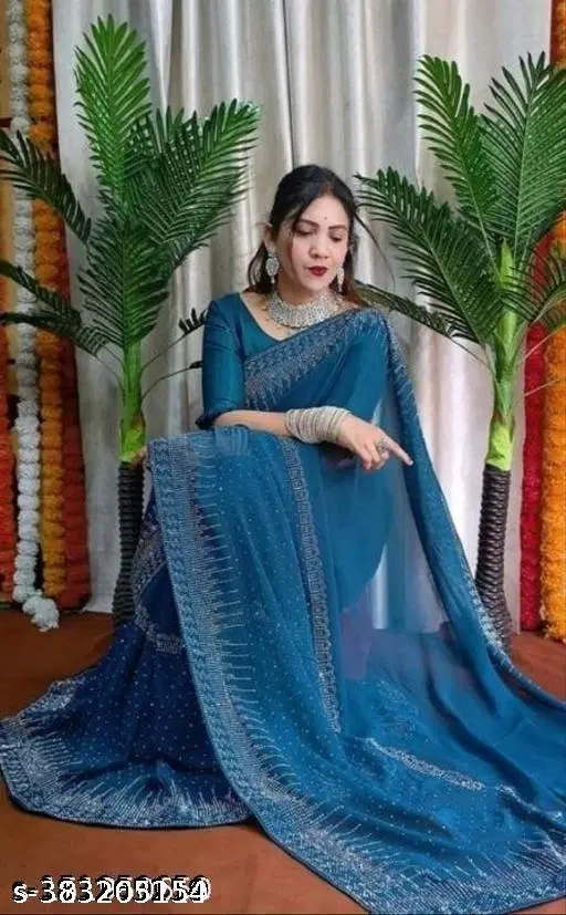 Jimmy Choo Solid Saree For Women, Aqua Blue